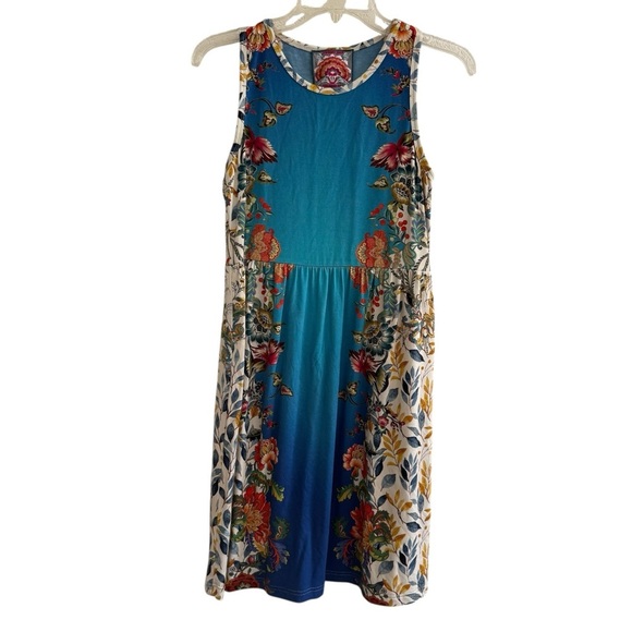 Johnny Was Blue Floral Dress Sleeveless Midi Sheath Boho Chic XS - Picture 2 of 8